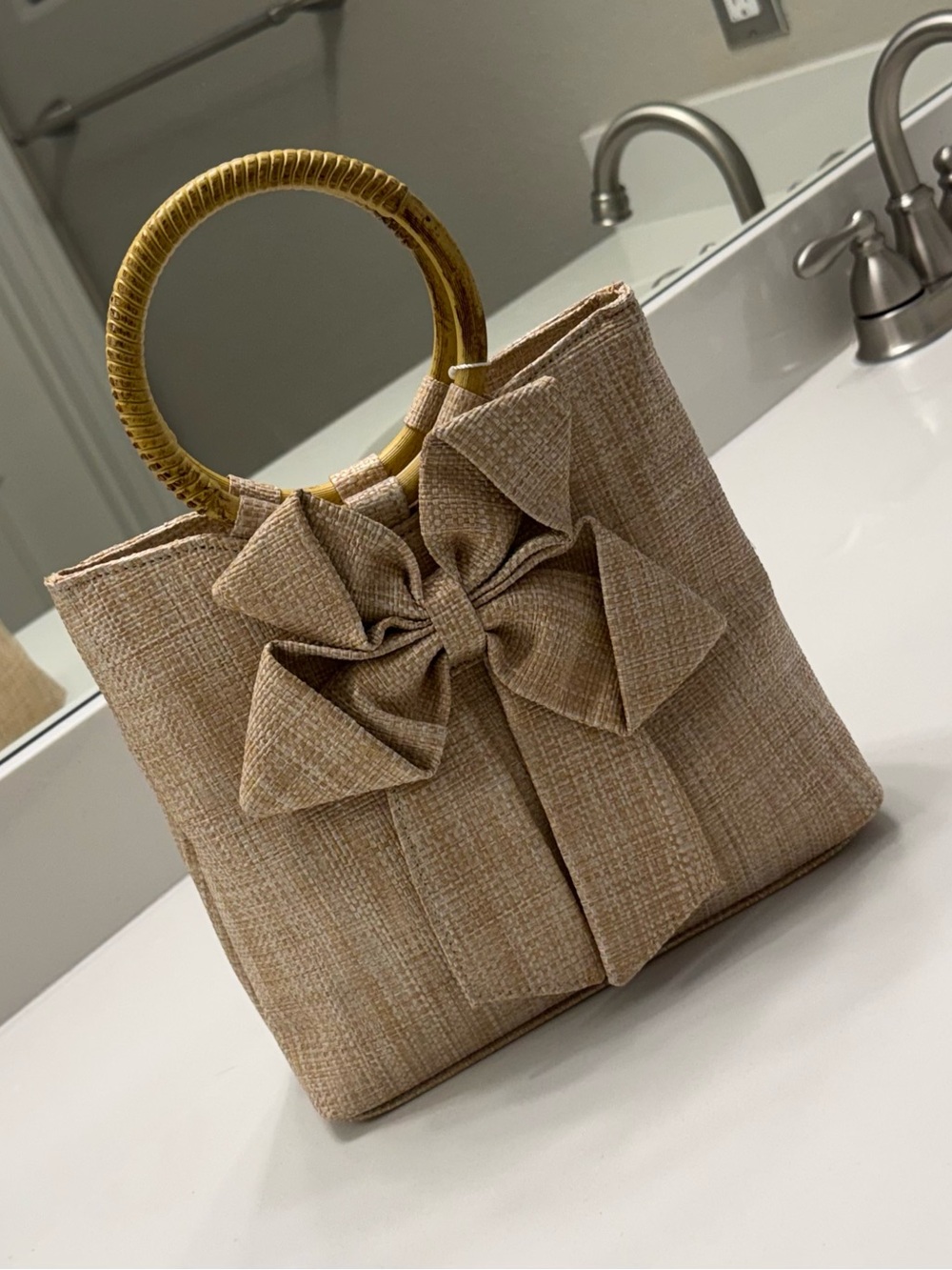Tommy Bahama Beige Mini Tote with Bow and Bamboo Handles